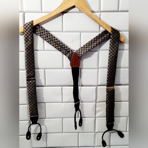 Cas Germany Mens Suspenders Braces Taupe And Black Geo Print Fabric Gold Hardwar